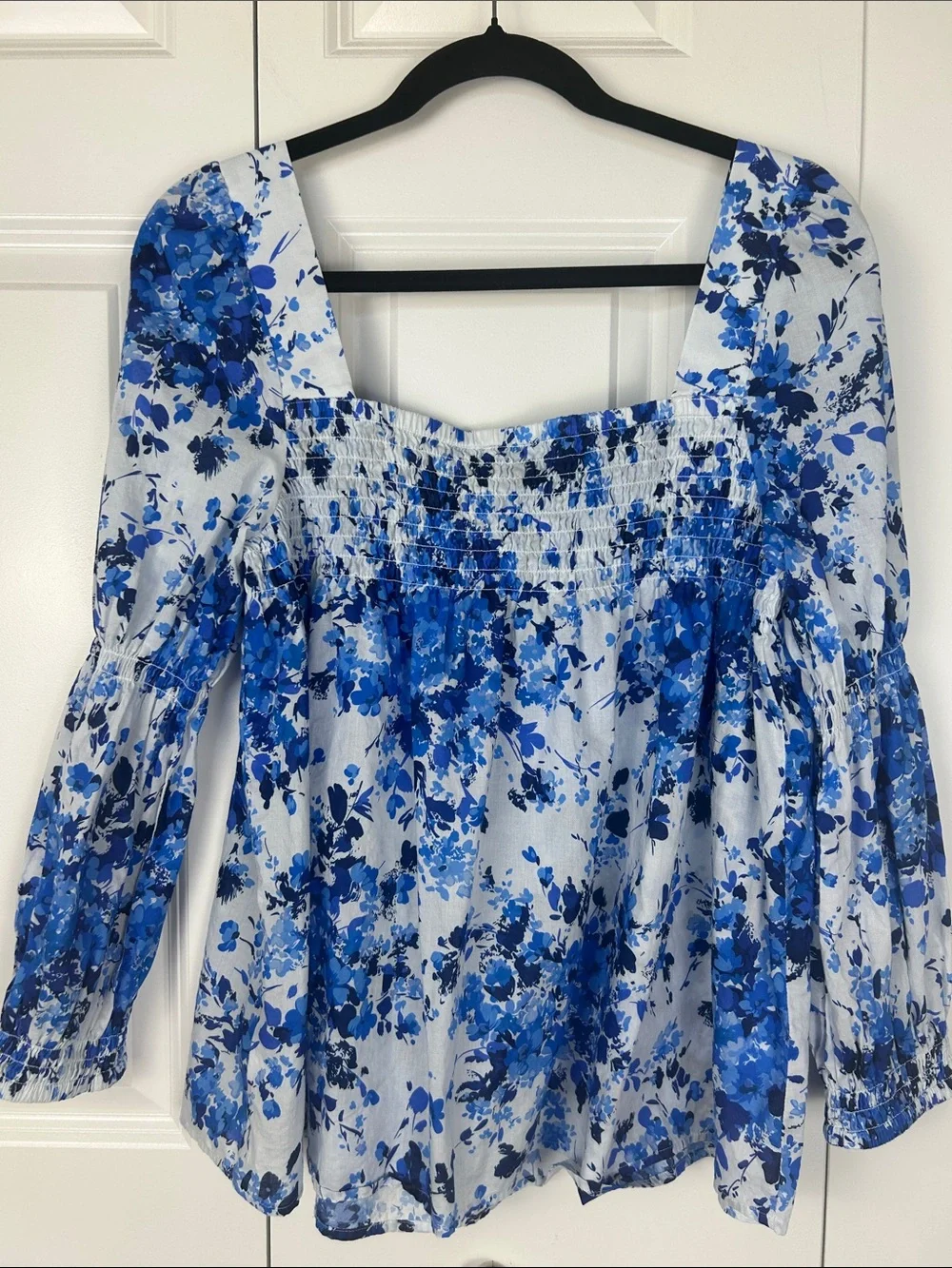 Tuckernuck Cotton Blue Floral Square-Neck Puff Sleeve Top Size Large